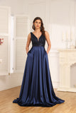 A-Line V-Neck Floor-Length Lace Satin Evening Dress With Sequins