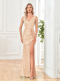 A-line V-Neck Floor-Length Lace Sequin Evening Dress With Beading