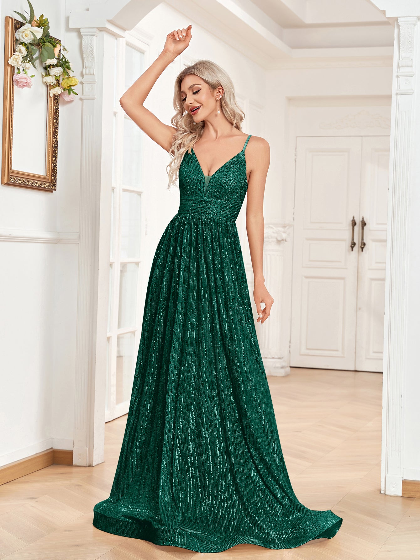 A-Line Sequin V-Neck Spaghetti Straps Prom /Evening Dress