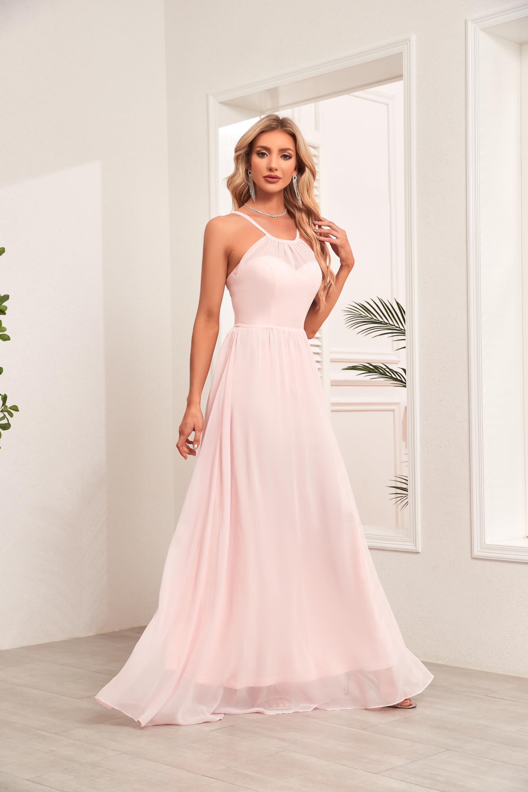 A-line Floor-Length Chiffon Halter Bridesmaid Dresses for Wedding