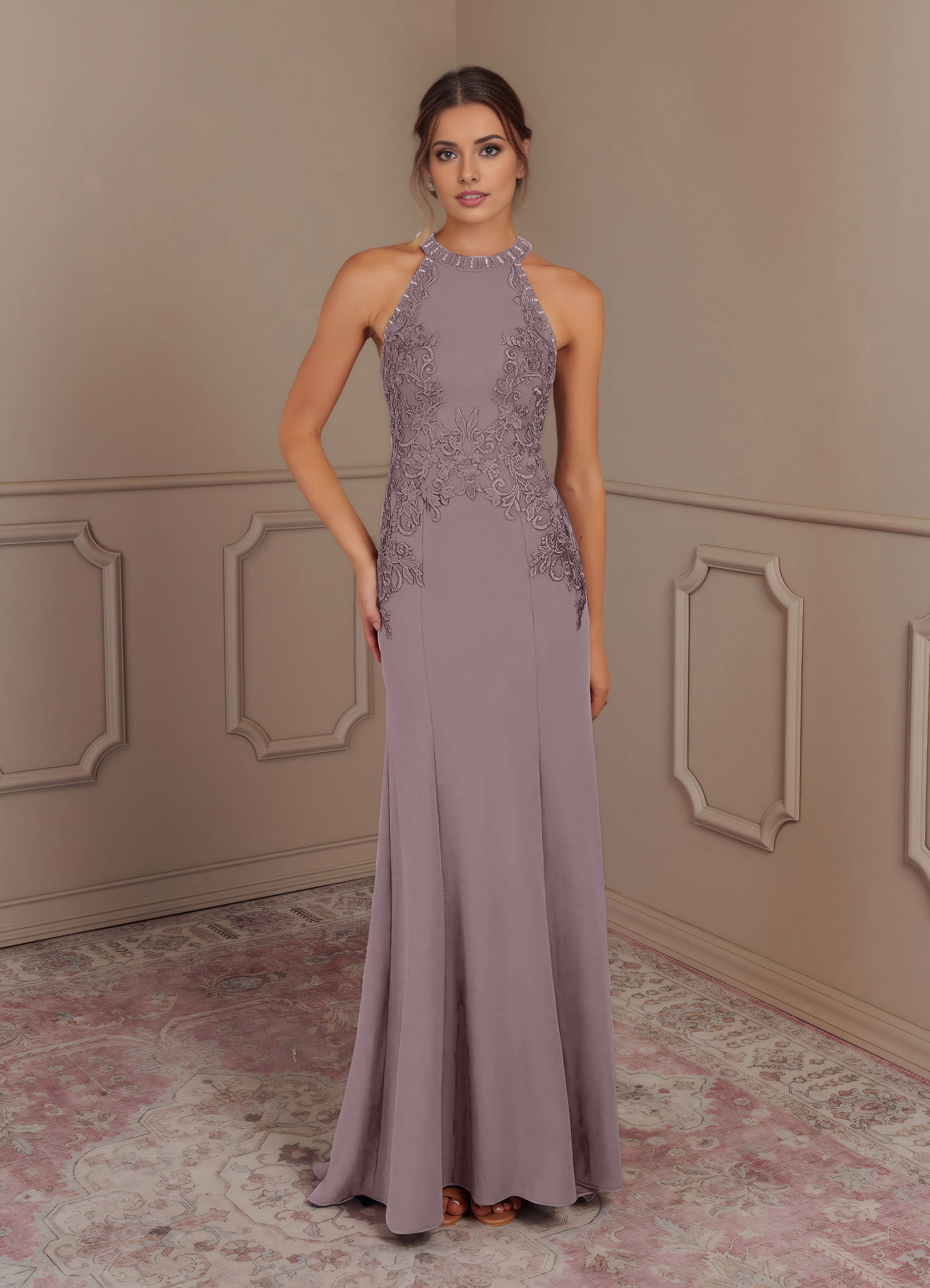 Mermaid Halter Lace Stretch Crepe Sweep train Mother of the Bride Dress