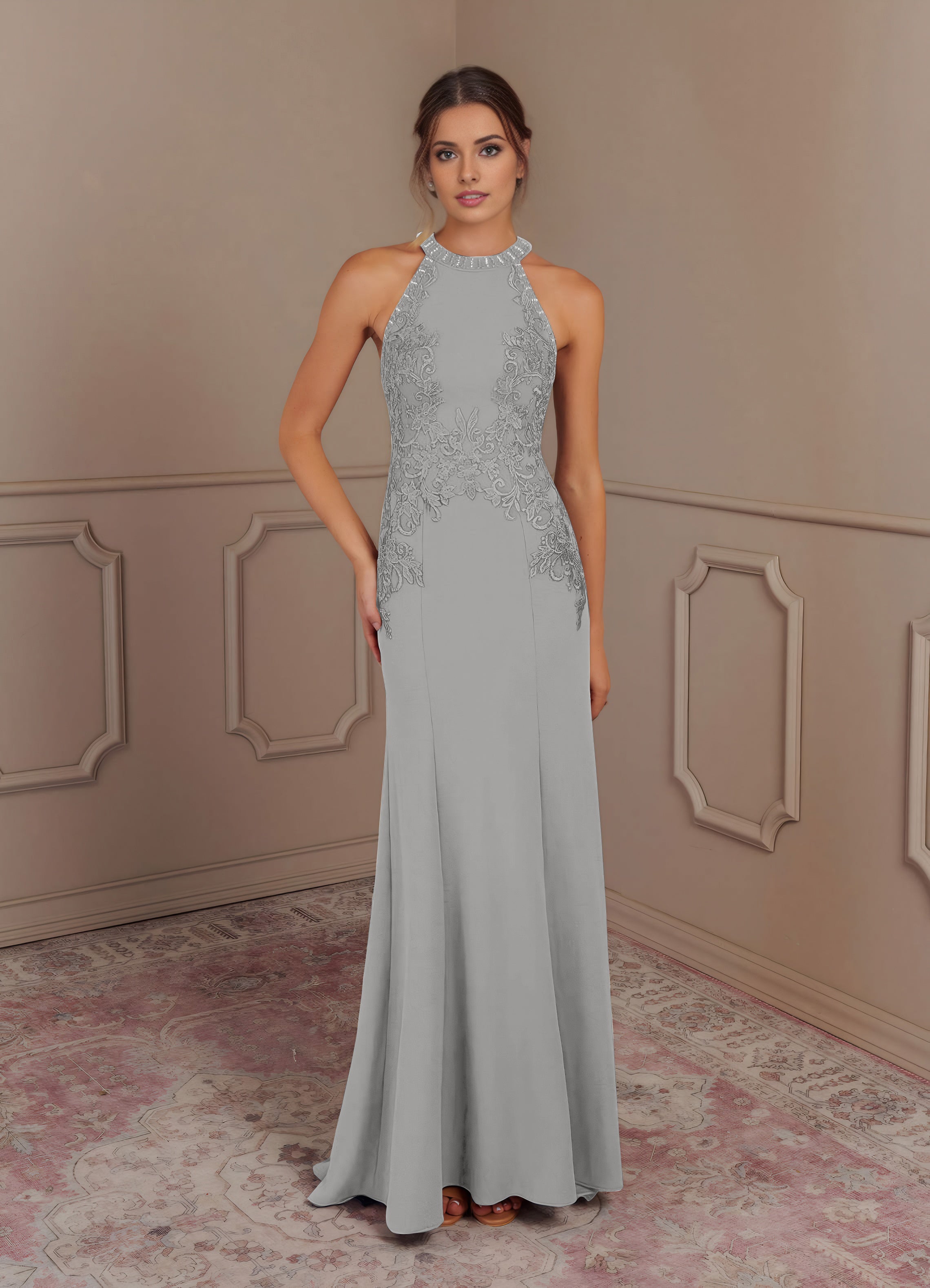 Mermaid Halter Lace Stretch Crepe Sweep train Mother of the Bride Dress