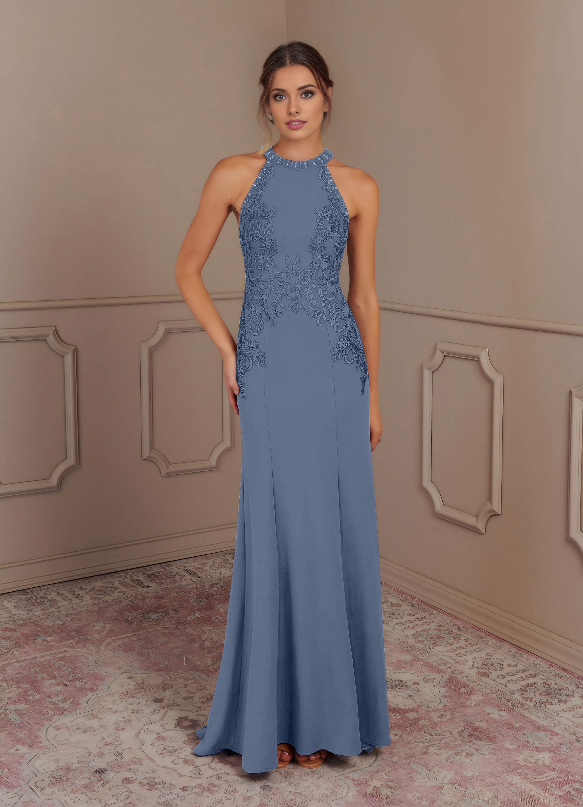 Mermaid Halter Lace Stretch Crepe Sweep train Mother of the Bride Dress