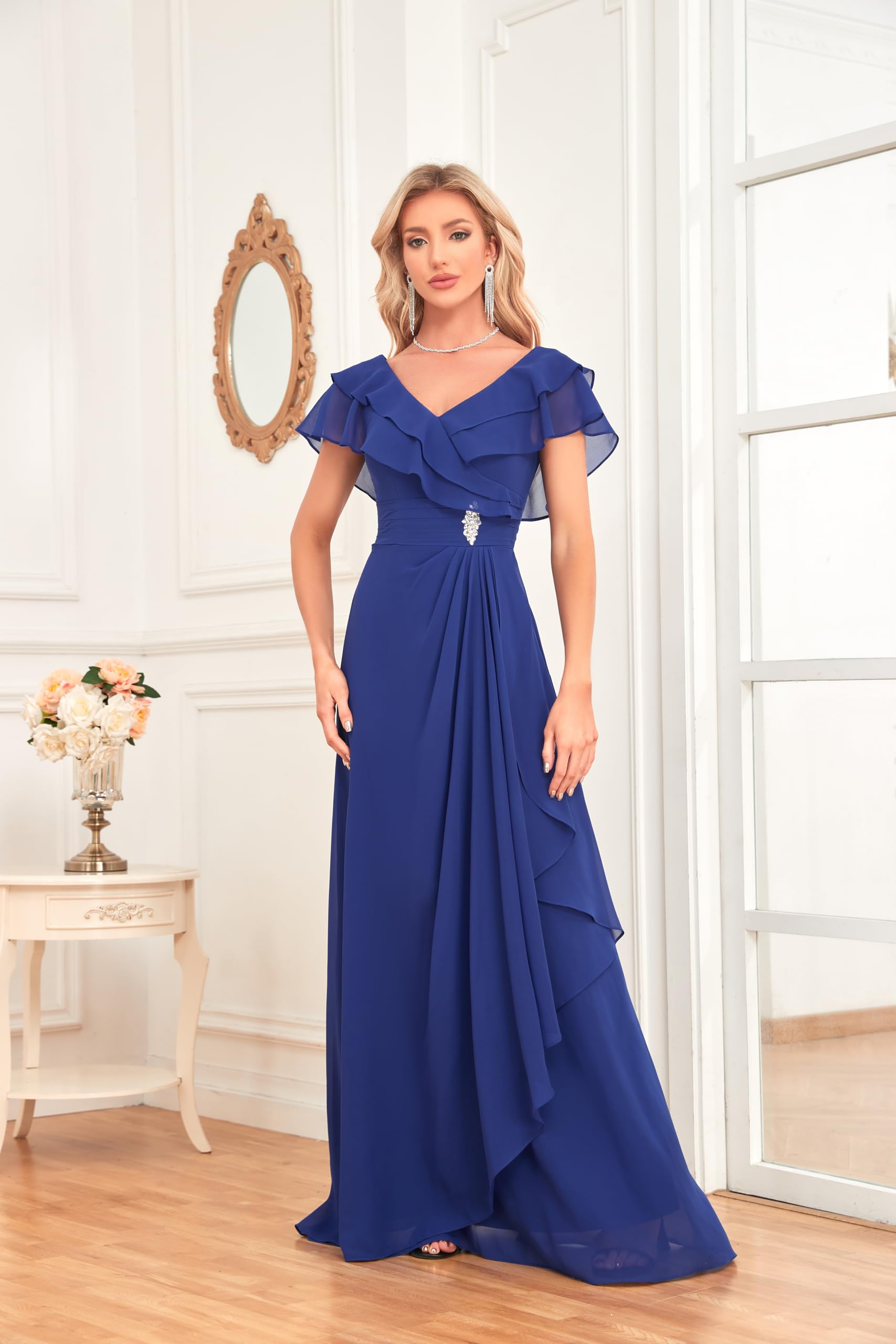 V Neck Chiffon Long Ruffled Sleeve Empire Waist Formal Prom Dress