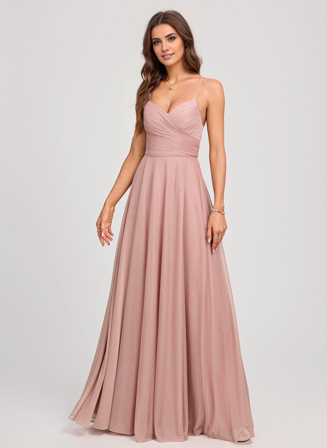 A-line V-Neck Floor-Length Mesh Prom Dresses With Pleated