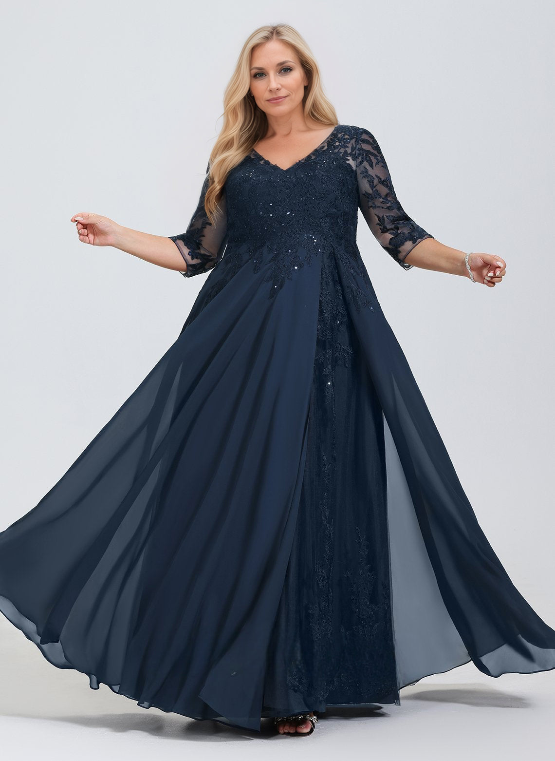 A-line V-Neck Floor-Length Lace Chiffon Mother of the Bride Dress With Sequins