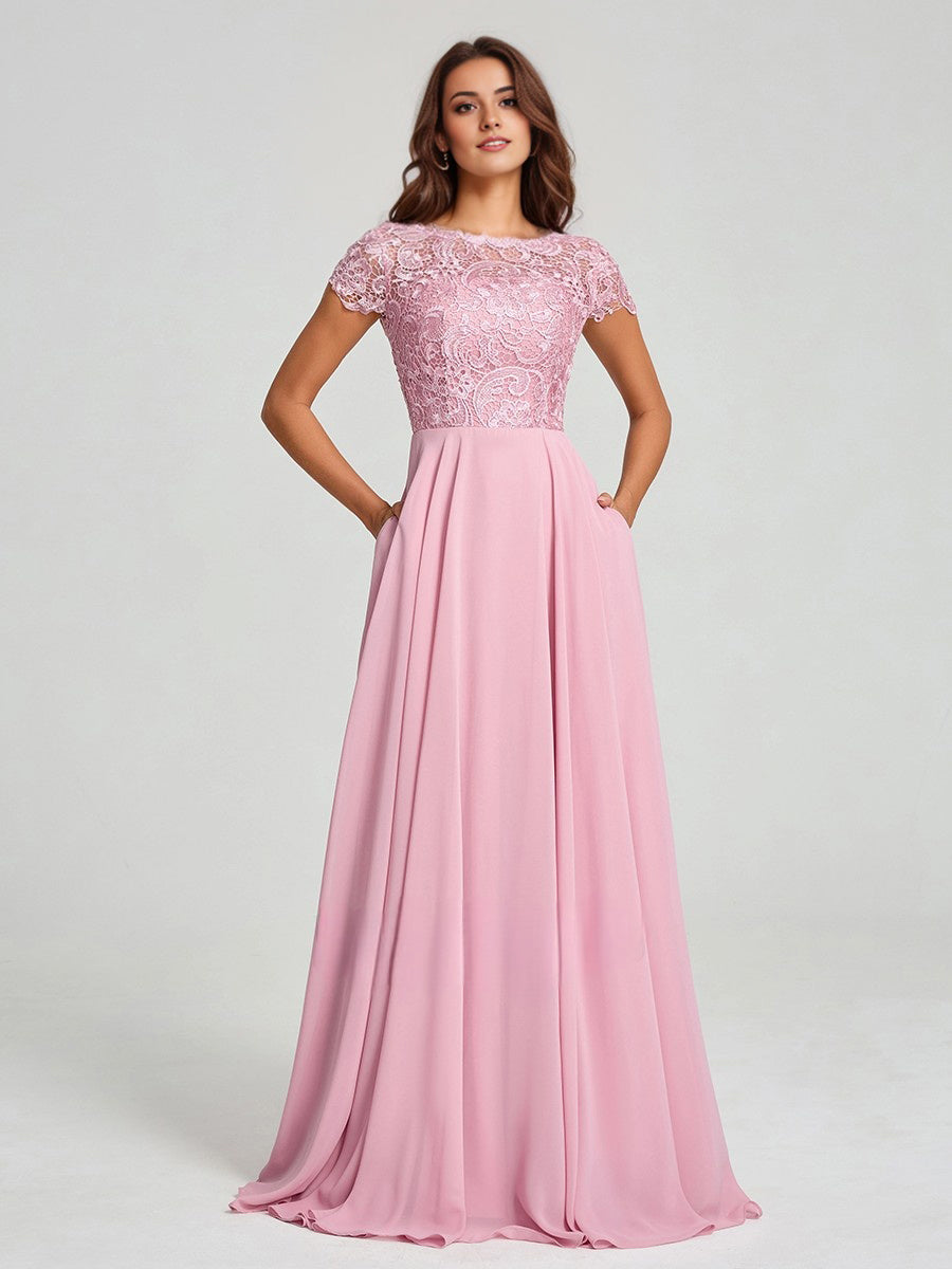 A-Line/Princess Scoop Floor-Length Short Sleeves Chiffon Bridesmaid Dress