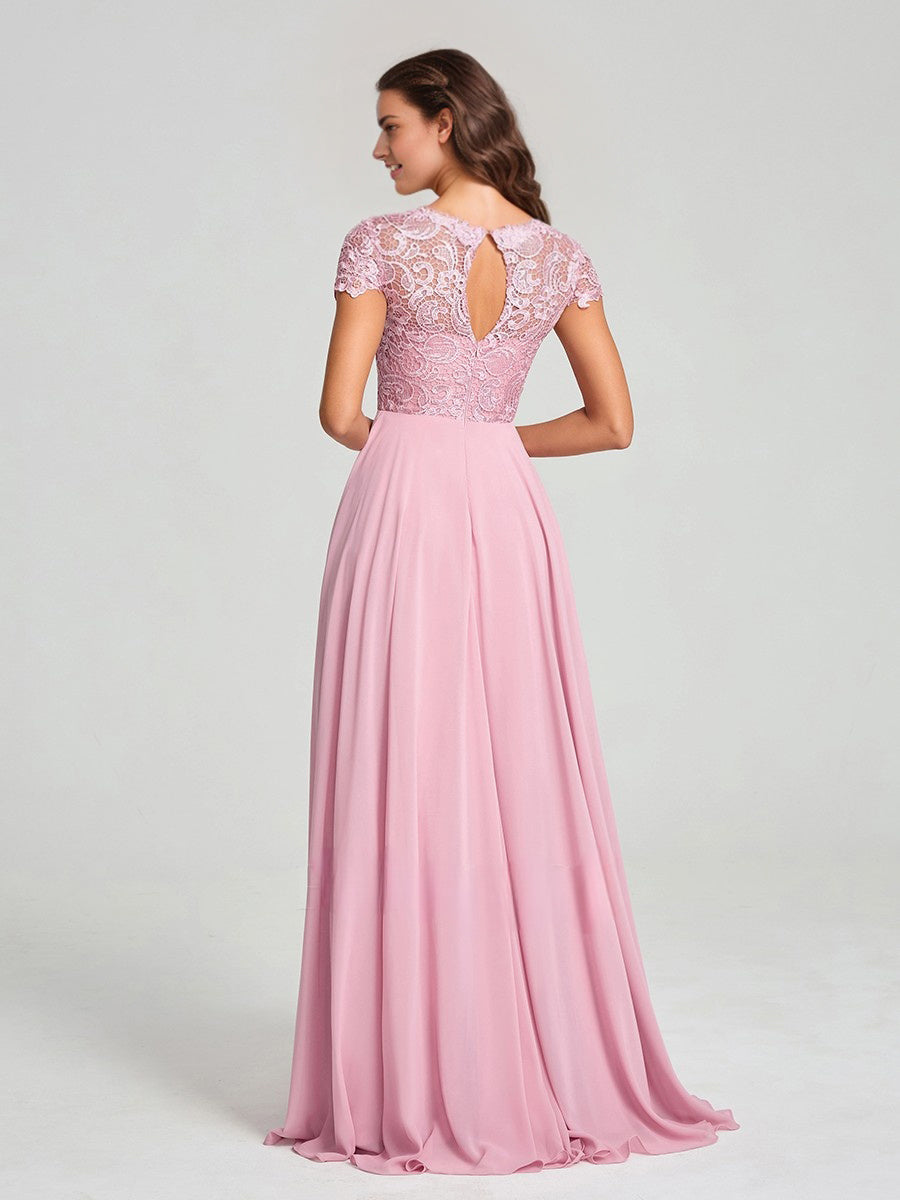 A-Line/Princess Scoop Floor-Length Short Sleeves Chiffon Bridesmaid Dress