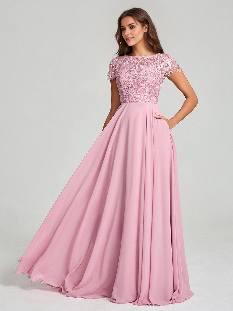 A-Line/Princess Scoop Floor-Length Short Sleeves Chiffon Bridesmaid Dress