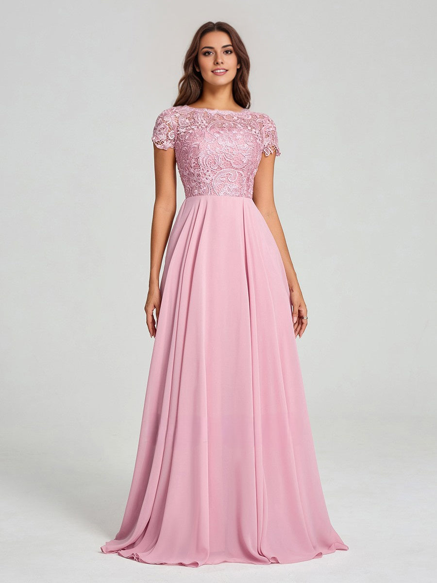 A-Line/Princess Scoop Floor-Length Short Sleeves Chiffon Bridesmaid Dress