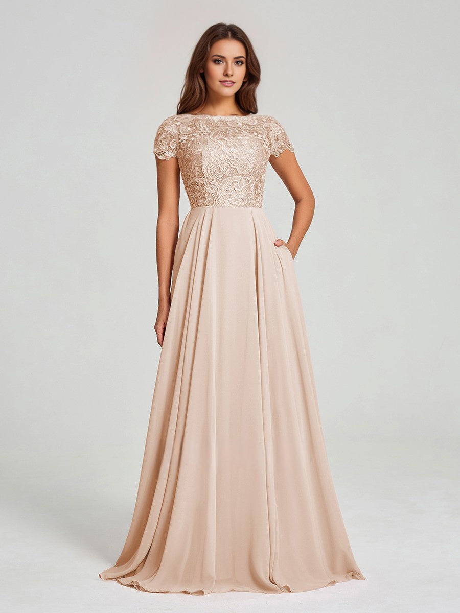 A-Line/Princess Scoop Floor-Length Short Sleeves Chiffon Bridesmaid Dress