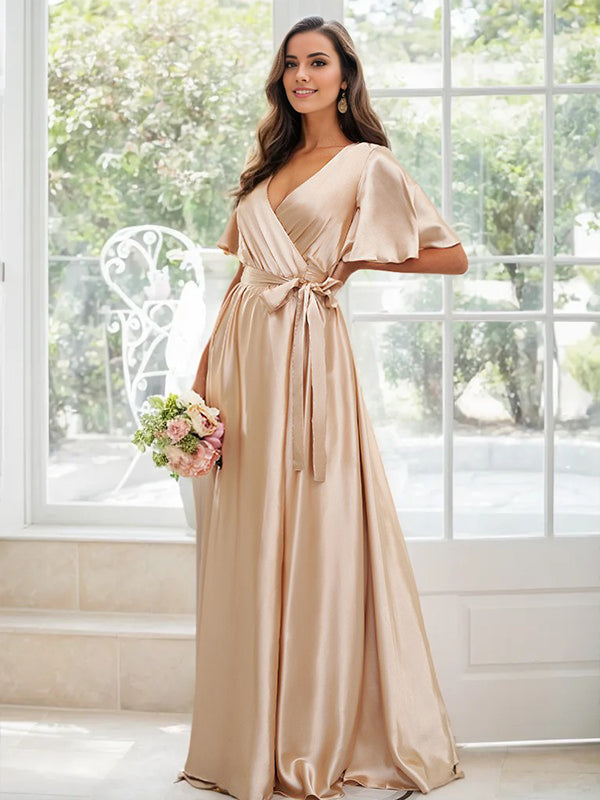 A-Line/Princess Silk like Satin Sash/Ribbon/Belt V-neck Short Sleeves Floor-Length Bridesmaid Dresses