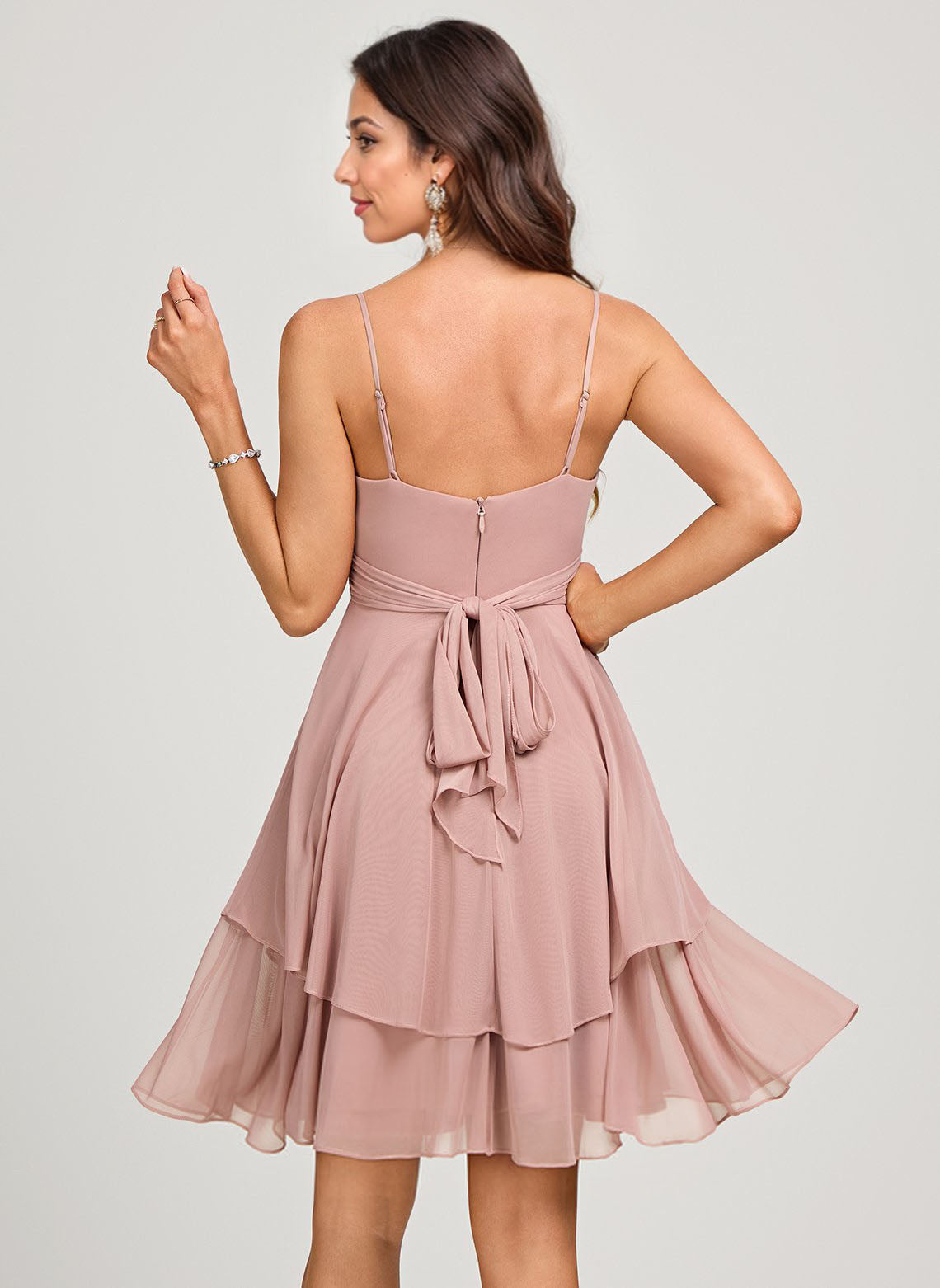 A-line V-Neck Short Mesh Homecoming Dress With Bow Pleated