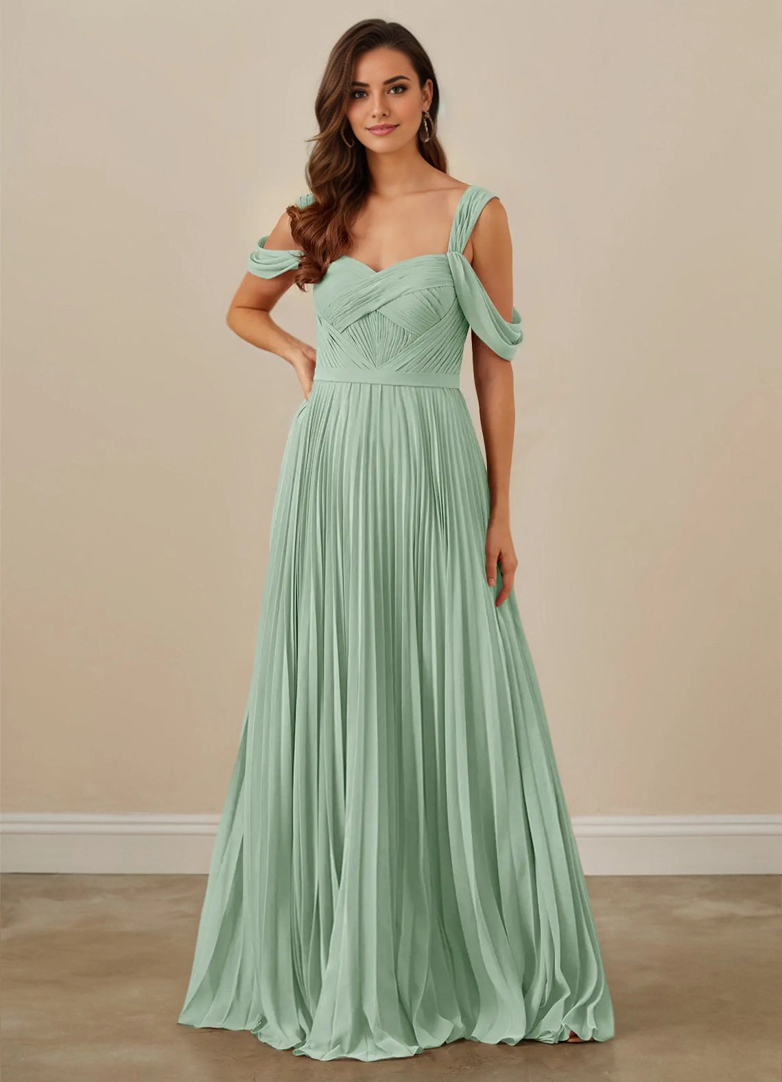 Pleated Off Shoulder Chiffon A-Line Bridesmaid Dress