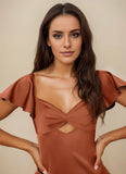 Flutter Sleeve Stretch Satin Sheath Bridesmaid Dress