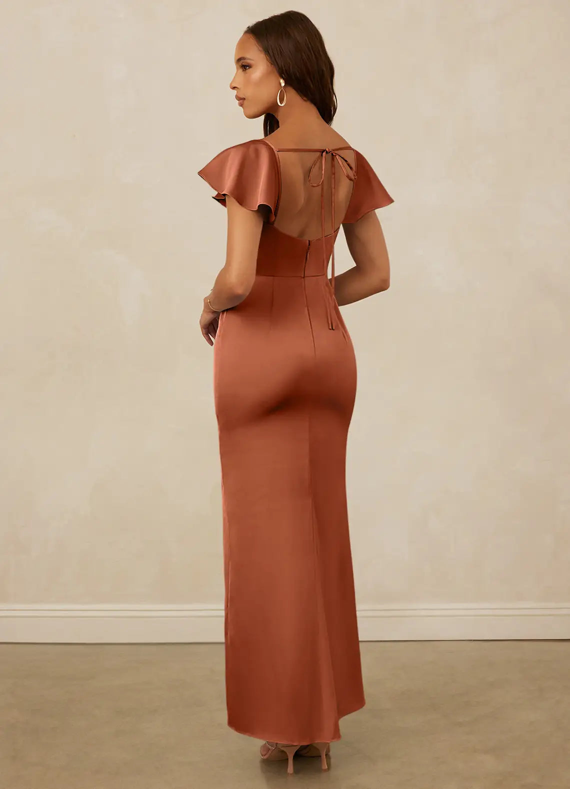 Flutter Sleeve Stretch Satin Sheath Bridesmaid Dress
