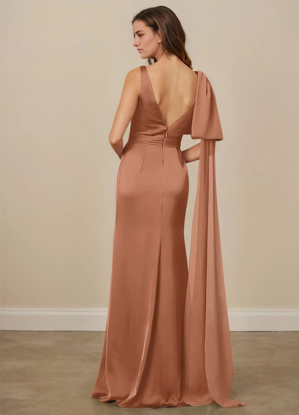 Maxi Plunging Stretch Satin Mermaid Prom Dress