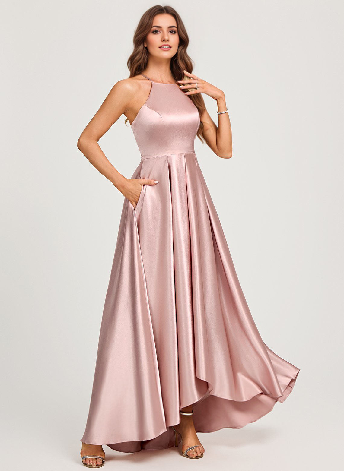A-line High Neck Asymmetrical Stretch Satin Prom Dresses