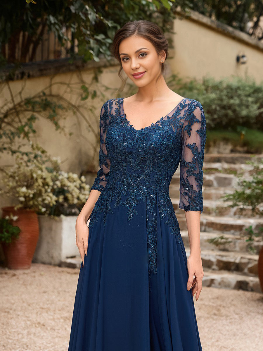 A-Line/Princess Chiffon Applique V-neck 3/4 Sleeves Floor-Length Mother of the Bride Dresses