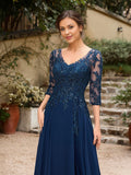 A-Line/Princess Chiffon Applique V-neck 3/4 Sleeves Floor-Length Mother of the Bride Dresses