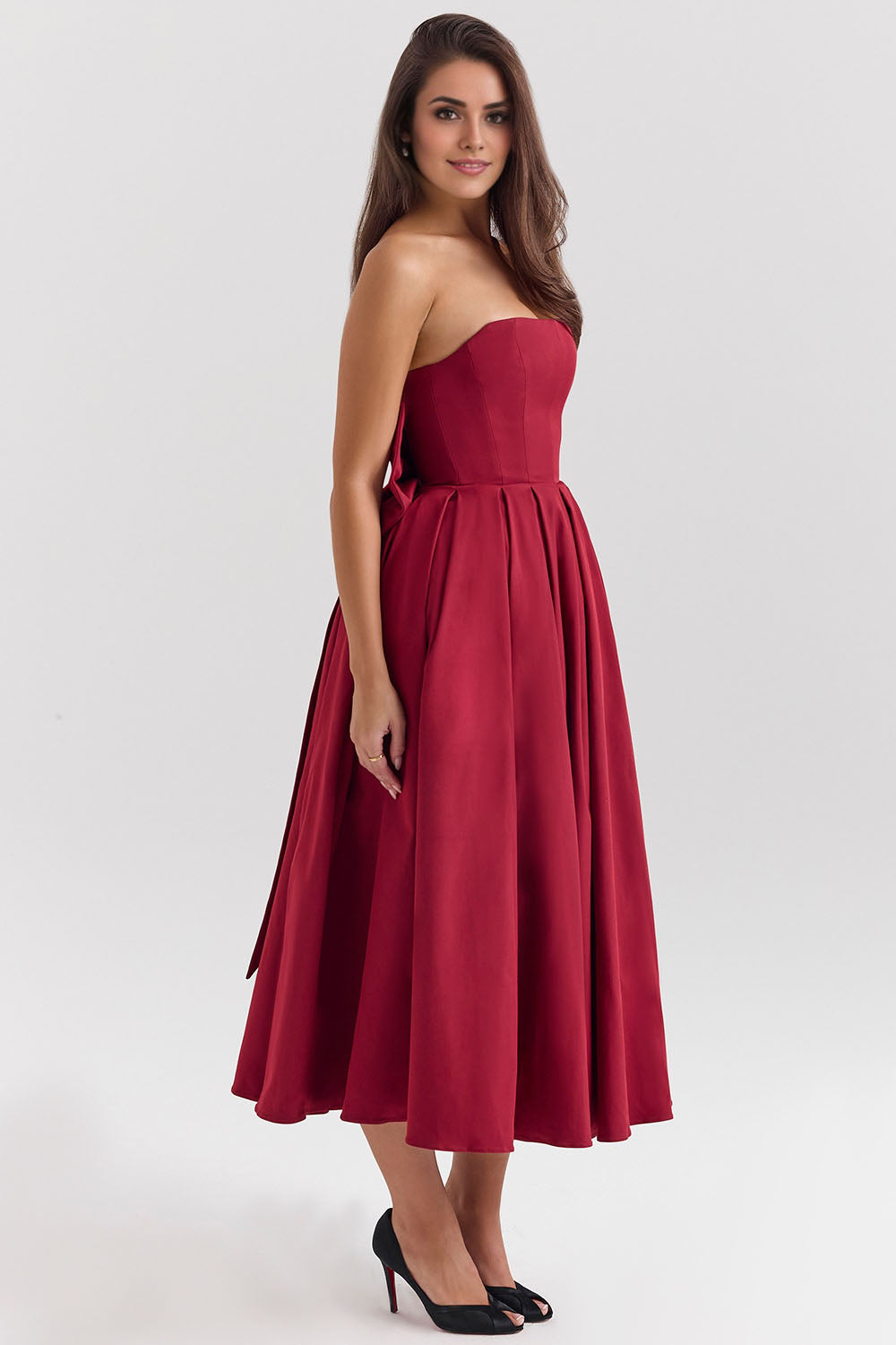 Strapless A-Line Detachable Bow Midi Party Dress