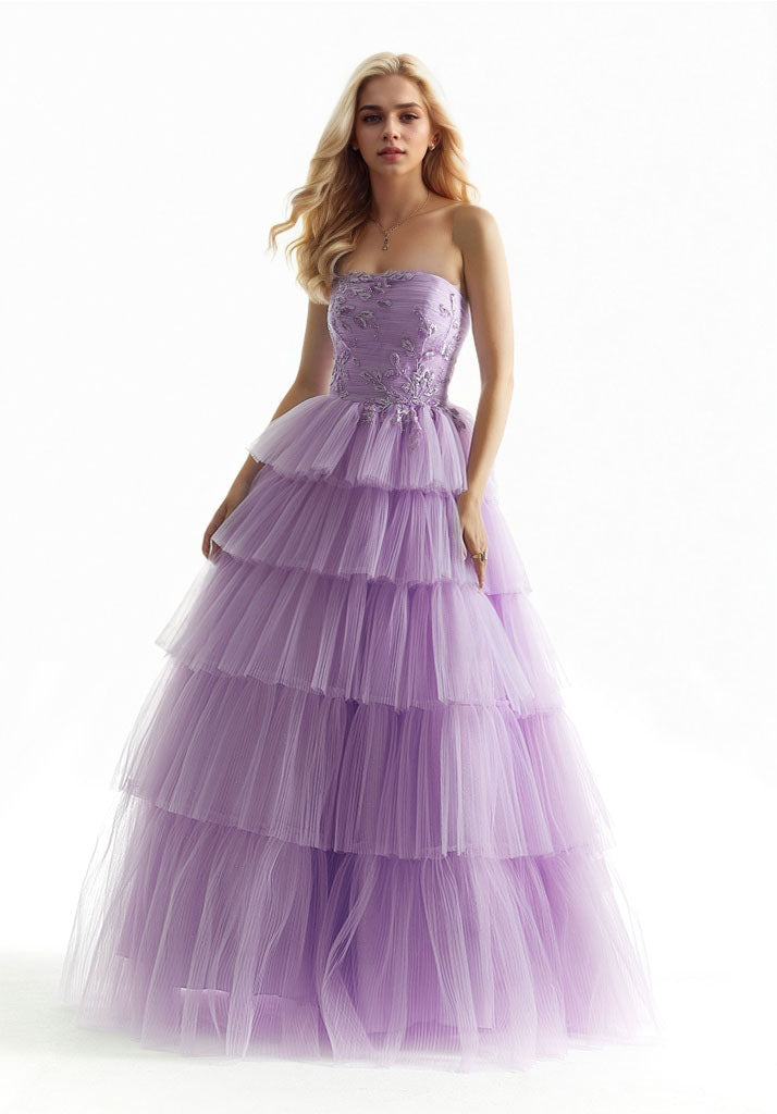 Beaded Embroidered Tiered Tulle Prom Dress