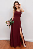 Spaghetti Straps Scoop Neck Long Stretch Satin Bridesmaid Dress with Split