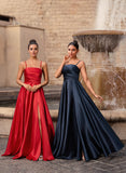 A-line Straight Floor-Length Satin Prom Dresses With Pleated