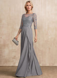 A-line Scoop Illusion Floor-Length Chiffon Lace Mother of the Bride Dress With Beading Sequins Cascading Ruffles