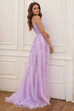 A Line Spaghetti Straps Slit Tulle Prom Dress with Slit