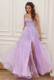 A Line Spaghetti Straps Slit Tulle Prom Dress with Slit