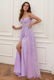 A Line Spaghetti Straps Slit Tulle Prom Dress with Slit