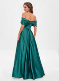 A-line Off the Shoulder Floor-Length Satin Prom Dresses With Pleated