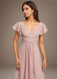 A-line V-Neck Floor-Length Chiffon Bridesmaid Dress With Ruffle