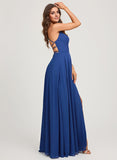 A-line V-Neck Floor-Length Chiffon Prom Dresses With Pleated