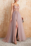 A Line Spaghetti Straps Slit Tulle Prom Dress with Slit