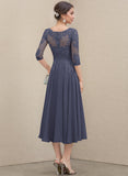 A-line Scoop Illusion Tea-Length Chiffon Lace Mother of the Bride Dress With Sequins