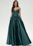 Ball-Gown/Princess V-Neck Floor-Length Satin Prom Dresses With Pleated