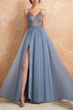 A Line Spaghetti Straps Slit Tulle Prom Dress with Slit