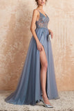 A Line Spaghetti Straps Slit Tulle Prom Dress with Slit