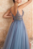 A Line Spaghetti Straps Slit Tulle Prom Dress with Slit