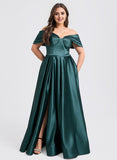 Plus Size Ball-Gown/Princess V-Neck Floor-Length Satin Prom Dresses With Pleated