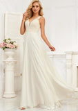 A-line V-Neck Sweep Train Lace Chiffon Wedding Dress