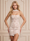 Strapless Floral Lace Bodycon Scallop Hem Mini Dress with Chiffon Neck Scarf