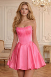 Strapless Pearl Trim Boned Corset Satin A-Line Homecoming Dress