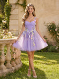 Sweetheart 3D Floral Applique Ruched Corset Bodice A-Line Tulle Mini Dress