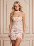Strapless Floral Lace Bodycon Scallop Hem Mini Dress with Chiffon Neck Scarf