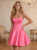 Strapless Pearl Trim Boned Corset Satin A-Line Homecoming Dress