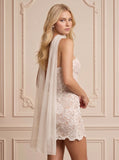 Strapless Floral Lace Bodycon Scallop Hem Mini Dress with Chiffon Neck Scarf
