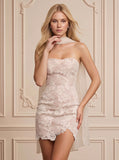 Strapless Floral Lace Bodycon Scallop Hem Mini Dress with Chiffon Neck Scarf